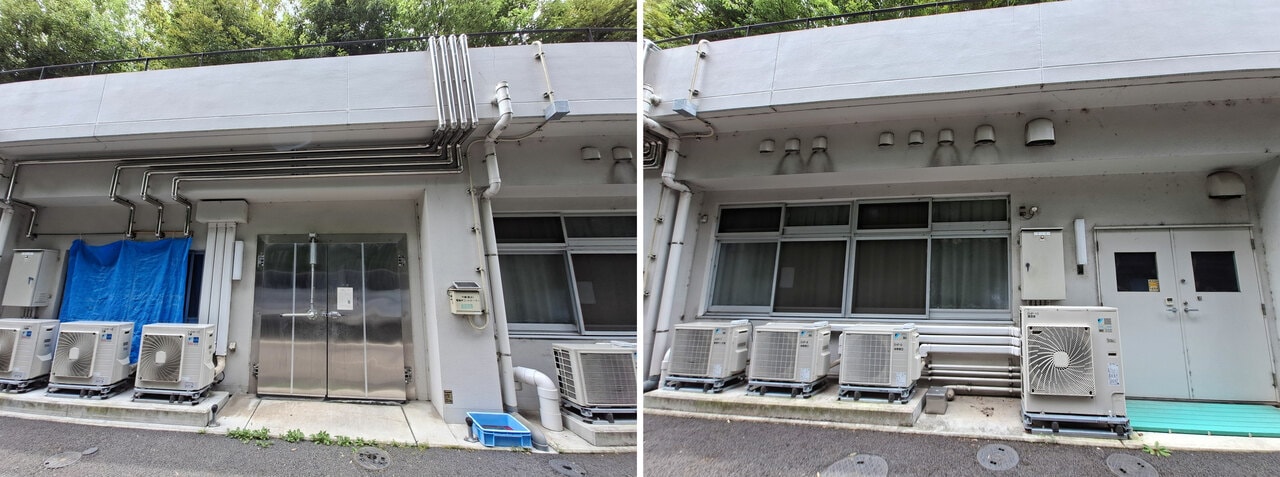 左：「竹庫」の表示。竹庫では、竹を新鮮に保管するため、湿度に応じてミストを噴射。右：「管理モニタ室」「仮眠室」「調理室」の表示。調理室では、パンダ団子など、竹以外のえさを準備する。（2026年6月30日、筆者撮影）