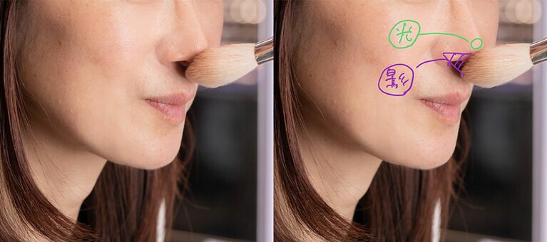 鼻の「底」にシャドウを入れて、鼻先にハイライトを入れる。