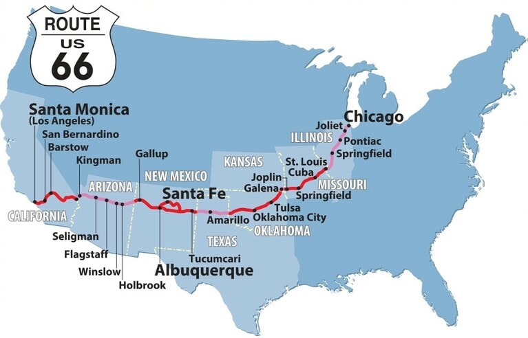 シカゴ（イリノイ州）からサンタモニカ（カリフォルニア州）まで、約3,940キロを走り抜ける壮大な旅路、ルート66。1950年代には全線をノンストップで走破するだけで40～50時間以上はかかるといわれ、旅として楽しむなら1～2週間は必要といわれたそう。map：Cmap