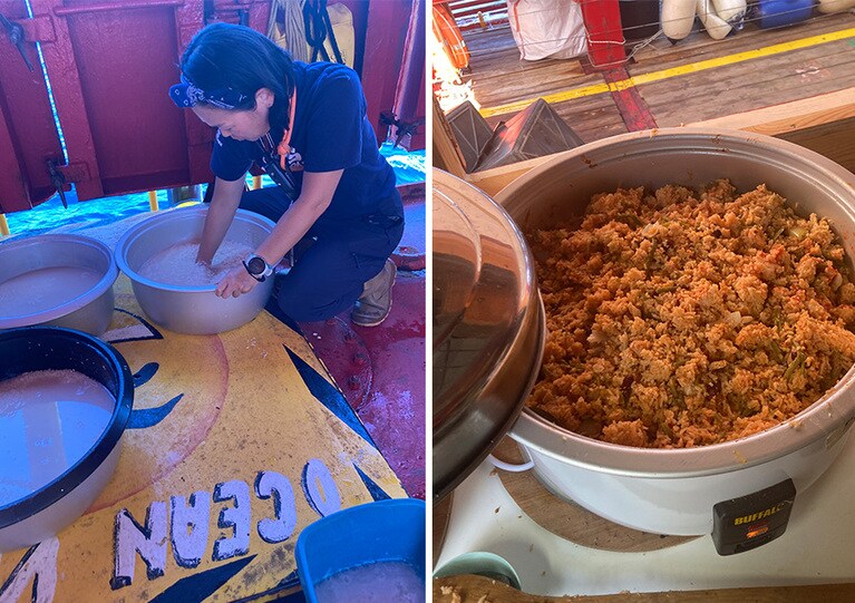 左：米を研ぐ小島さん。右：大量の炊き込みご飯が完成。