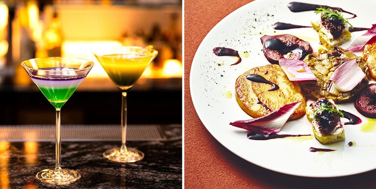 〈左〉カフェ＆バー「リュトモス」で大人の時間を。カクテル 1,760円～〈右〉イタリアングリル「メロディア」には、盛り付けも美しく、旨み満載の一皿が。