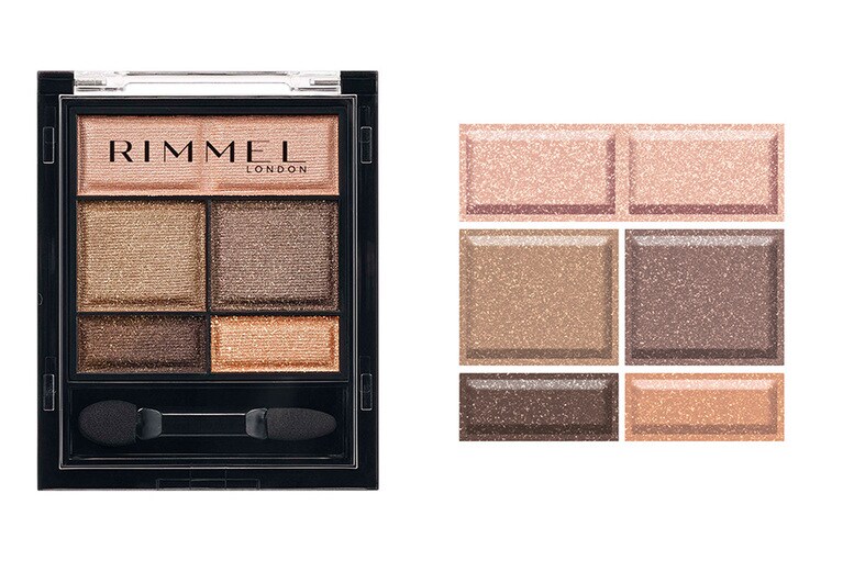 ワンダー　スウィート　アイシャドウ 002 ヘーゼルナッツショコラ。ディープなブラウンが入っているけれど、最上段のベースカラーと右下のキラツヤカラーにオレンジニュアンスがあるのでダークになり過ぎない。1,760円／リンメル