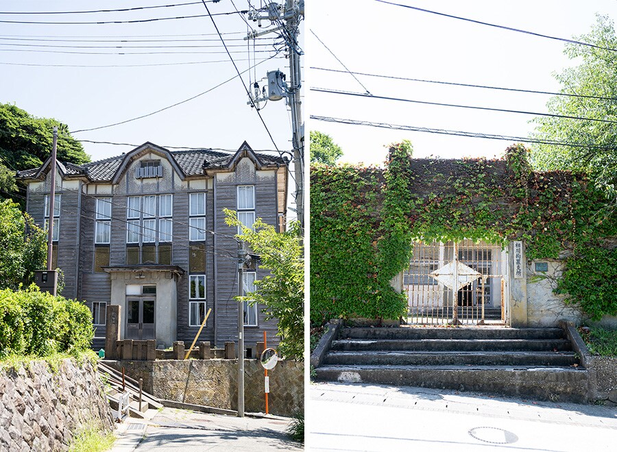 明治22年から昭和45年まで税務を取り扱っていた「旧相川税務署」（左）と「旧相川拘置支所」（右）はどちらも国登録有形文化財。