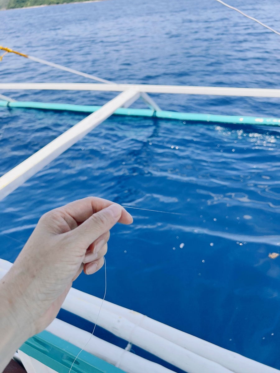 釣り竿もなく、テグスに括り付けた餌の付いた釣り鉤と錘を投げるだけ。