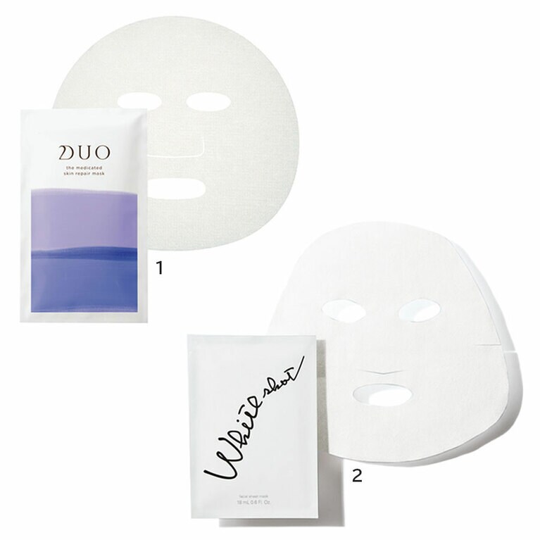 1：デュオ ザ スキンリペアマスク 17mL×4枚入り 2,750円／プレミアアンチエイジング（数量限定発売） 
2：ホワイトショット マスク QXS［医薬部外品］18mL×7包入り 7,480円／ポーラ