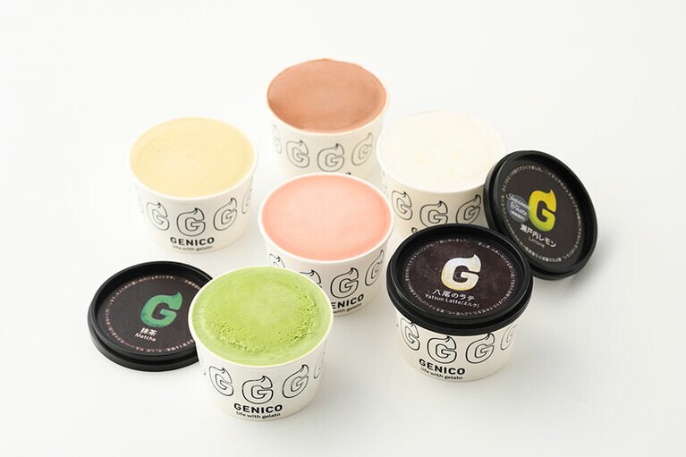 GENICO「手作りジェラート」3,218円（120ml×6種）。左奥から時計回りに：ピスタチオ、チョコレート、瀬戸内レモン、八尾ミルク、季節のジェラート（すいか）、抹茶／富山県