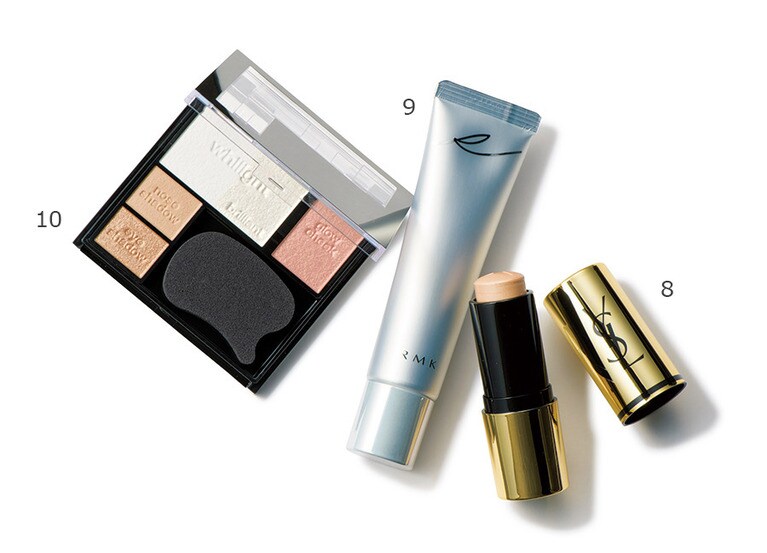 8. ラディアント タッチ シマースティック 01 6,000円／イヴ・サンローラン・ボーテ。9. CCジェルクイックグロー SPF12･PA+ 30g 4,500円／RMK Division(限定発売中)。10. ケイト ホワイトシェイピングパレット WT-1 1,800円(編集部調べ)／カネボウ化粧品