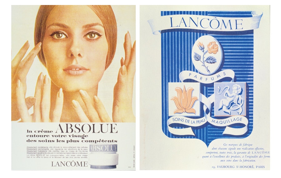 左：お手入れの大切さを打ち出し、話題を集めたアプソリュの広告。
右：1935年、ランコム創立当時のエンブレム。バラは香水、蓮の花はスキンケア、天使はメイクを意味する。その後1本のバラがブランドのシンボルに。