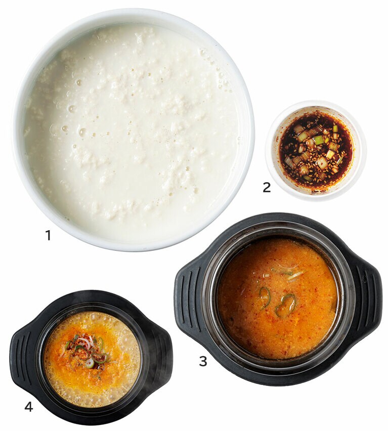 1・2・3：ふわふわのおぼろ豆腐は2のネギ醬油を付けるか、セットになっている3のおからチゲと一緒に。W11,000。
4：スンドゥブチゲは辛め。アサリや豆腐が入っている。W11,000。