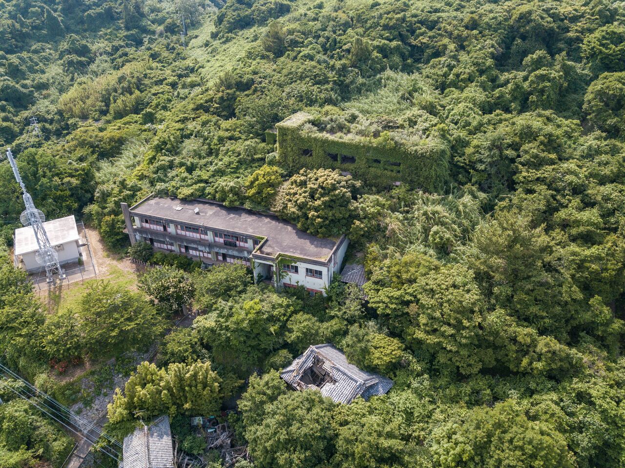 画面中央の青島小学校のすぐそばには、最初に小学校の校舎として利用された潮音寺が見える