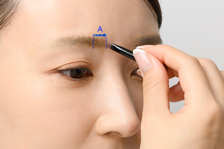 毛が密集している部分から眉頭に向かって（※Aの箇所）パウダーをのせる。