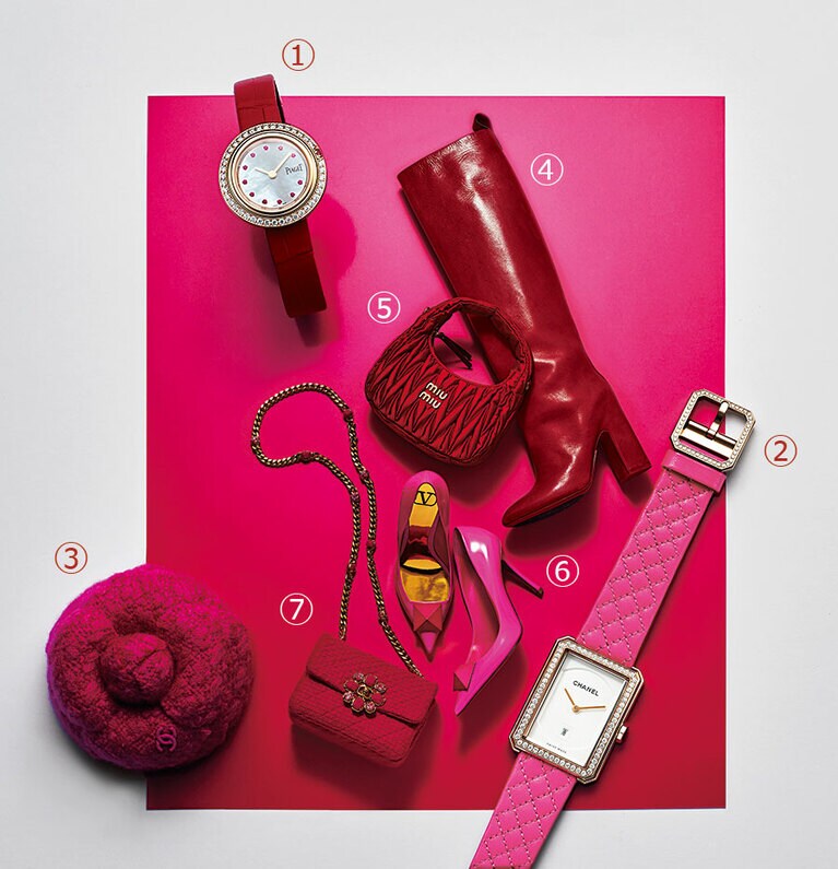 1. 時計「ポセション」(PG×DIA×ルビー×マザーオブパール、アリゲーターストラップ、クォーツ、ケース径29mm) 2,156,000円(限定188本)／ピアジェ(ピアジェ コンタクトセンター)
2.「ボーイフレンド」(ベージュG×DIA、カーフストラップ、クォーツ、ケース径26.7×34.6mm) 3,311,000円／シャネル(シャネル カスタマーケア)
3. カメリアのブローチ 73,700円(予定価格)／シャネル(シャネル カスタマーケア)
4. ブーツ 306,900円／ルイ・ヴィトン(ルイ・ヴィトン クライアントサービス)
5. バッグ 242,000円(予定価格)／ミュウミュウ(ミュウミュウ クライアントサービス)
6. エナメルパンプス 121,000円／ヴァレンティノ ガラヴァーニ(ヴァレンティノ インフォメーションデスク)
7. ツイードのバッグ 625,900円(予定価格)／シャネル(シャネル カスタマーケア)