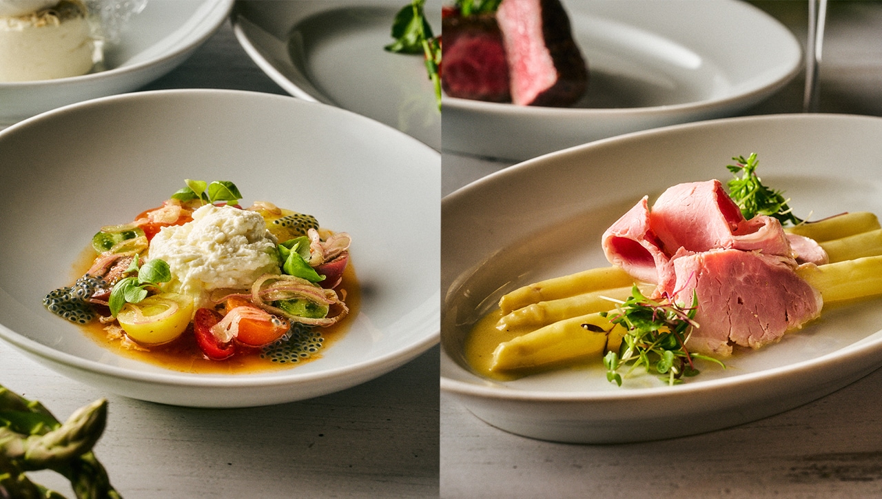 左：トマトと「渋谷チーズスタンド」のストラッチャテッラチーズを使った前菜。 右：新潟県産「鬼の宝ポーク」のハムと国産ホワイトアスパラガス