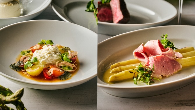 左：トマトと「渋谷チーズスタンド」のストラッチャテッラチーズを使った前菜。 右：新潟県産「鬼の宝ポーク」のハムと国産ホワイトアスパラガス