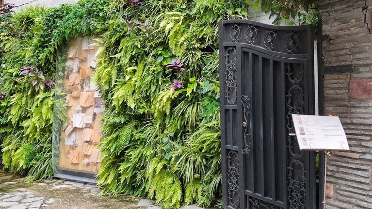 門を入ったところの壁に、英語の書籍が展示されています。