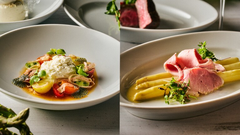 左：トマトと「渋谷チーズスタンド」のストラッチャテッラチーズを使った前菜。 右：新潟県産「鬼の宝ポーク」のハムと国産ホワイトアスパラガス