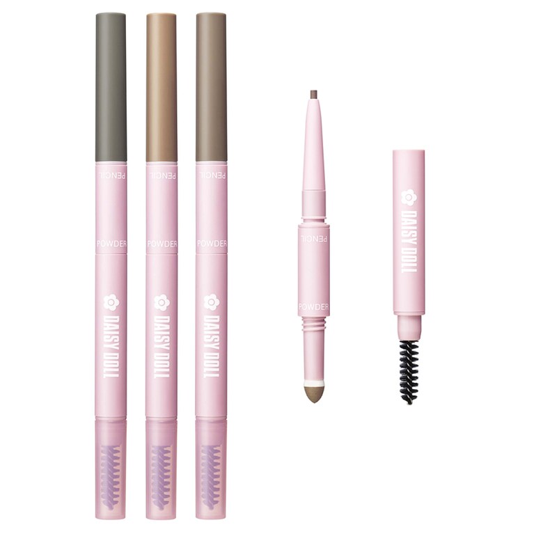 ペンシル＋パウダー＋ブラシの3役が1本で揃う、便利なアイブロウアイテム、デイジードール ブロウライナー。左から、BK(アッシュブラック)、BR-01(キャメルブラウン)、BR-02(ナチュラルブラウン) 全3色 各 1,430円／クラブコスメチックス