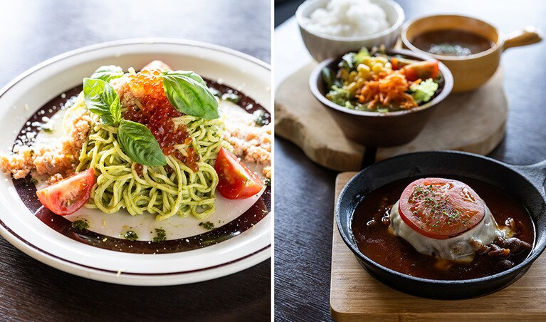 左から：夏限定のメニュー「佐渡サーモンとイクラのジェノベーゼ セット（サラダ・スープ付き）」1650円。定番人気の「佐渡島黒豚プレミアムハンバーグ セット」1650円。