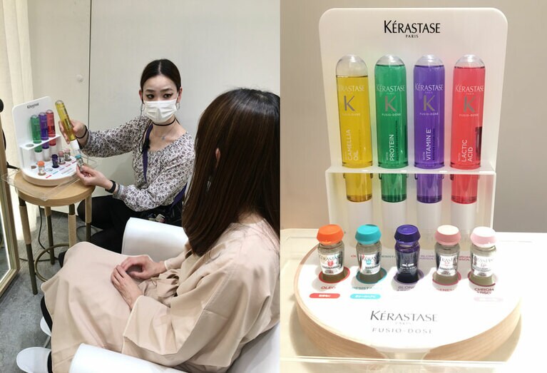「フュジオドーズ」は、2種類のトリートメントを混ぜて使う。左は、スタイリストの飯島さん。
