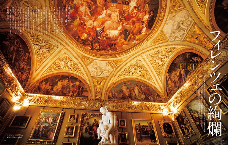 フィレンツェのピッティ宮にあるパラティーナ美術館「イリアスの間」の天井を望む。2023 Vol.3より。