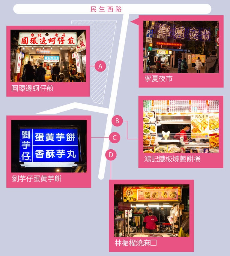 台湾名物がなんでも揃う歴史ある夜市へ。「寧夏夜市」周辺図。