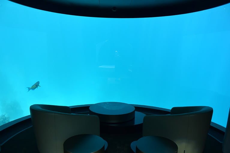 展望室のように、海中風景が広がるリビングルーム。