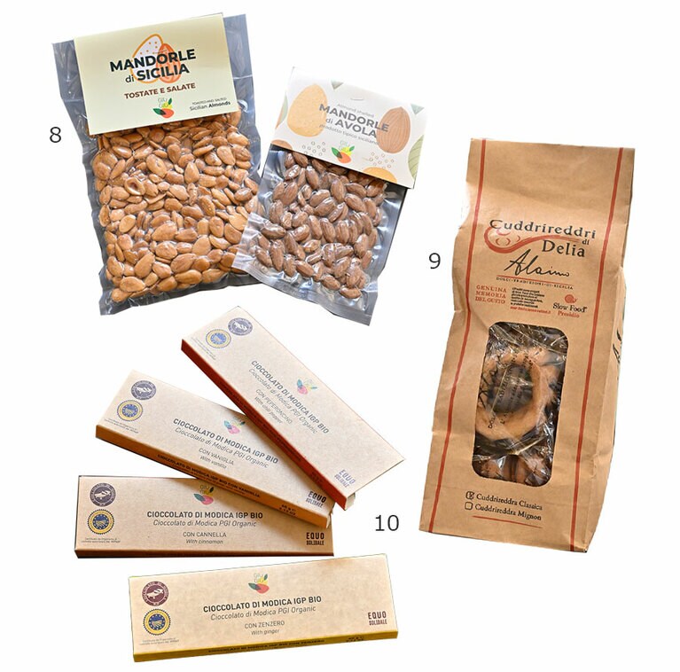 8：“Giù Giù”のシチリア産アーモンド塩味500g 9.9ユーロ、名産地アヴォラのアーモンド100g 2.9ユーロ。
9：シチリア・デリア地方で13世紀頃に誕生したという伝統菓子“クッドゥリレッドラ”300g 7.2ユーロ。
10：“Giù Giù”IGPモディカ・チョコレート ジンジャー、オレンジ、カカオ70％ 各3.79ユーロ、ペペロンチーノ3.89ユーロ。