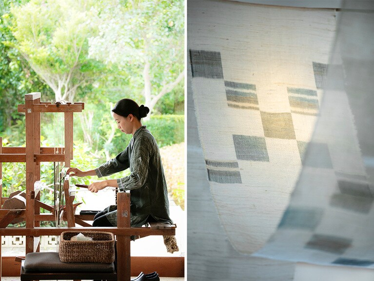 〈写真左〉ゲストが集う「ゆんたくラウンジ」には、島の伝統工芸・ミンサー織の機織り機が。〈写真右〉種子取祭の時季には、ミンサー織による空間装飾も。