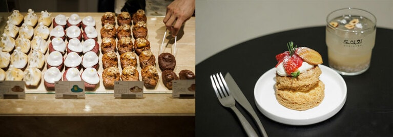 左：厨房で焼き上げられ、飾られたマドレーヌが美しく並ぶ。普通サイズは9種類、大きいサイズの「大王マドレーヌ」も2種類ある。 
右：スコーンとマドレーヌの融合もテーマ。ストロベリークリームスコーンW6,000。奥は手作りシッケで消化を促進。W5,500。