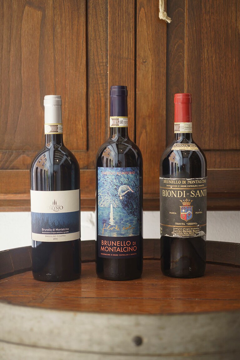 ブルネッロ・ディ・モンタルチーノ3種。左から、“ピアン・デッロリーノ” 600ユーロ、 “フィロ・ディ・セータ” 110ユーロ、“ビオンディ・サンティ” 2,000ユーロ。