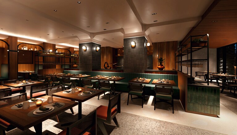 「TRATTORIA CREATTA 軽井沢」のテーブル席。