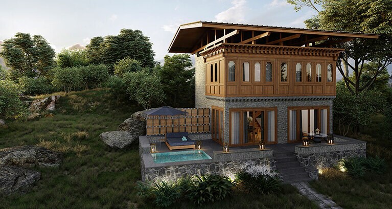 ヒマラヤの絶景を望む静かな小川沿いに建つリバー ハウス。