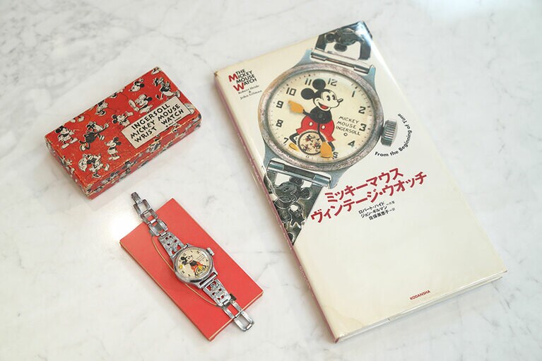 ミッキーマウスのヴィンテージ・ウォッチ。箱付きの備品は極めて珍しいという。