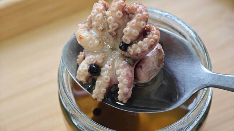 プリプリの小さなタコが入っています。黒い粒が「馬告」。