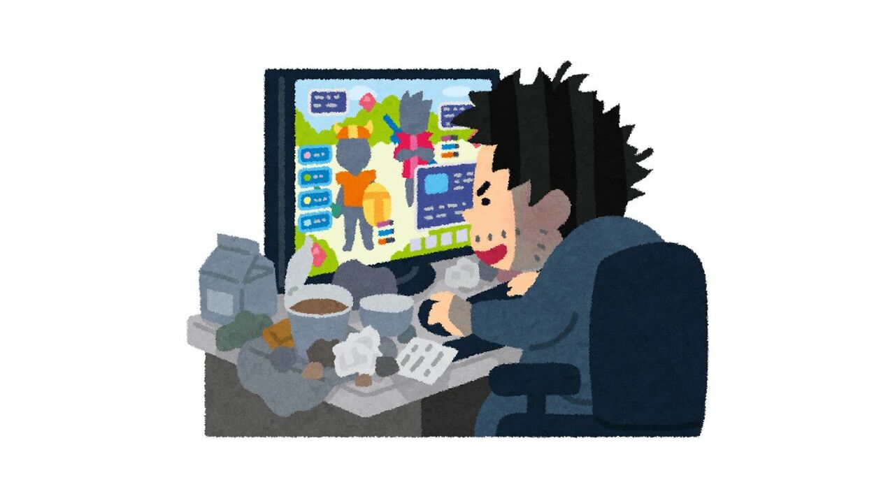 いらすとやの「ゲーム依存症・ゲーム中毒のイラスト」は、まさしく“ネトゲ廃人”をイメージしたような絵になっている。