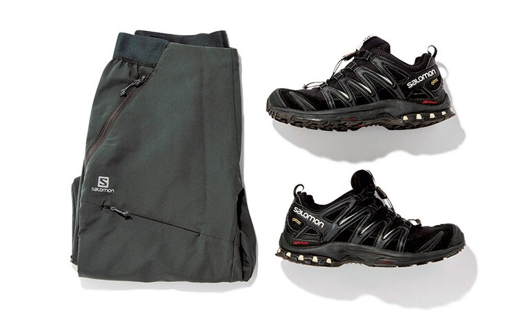 サロモンのパンツ＆スニーカー (写真は森宗さん私物) XA PRO 3D GORE-TEX 17,000円、RS SOFTSHELL PANT(メンズ) 12,000円。