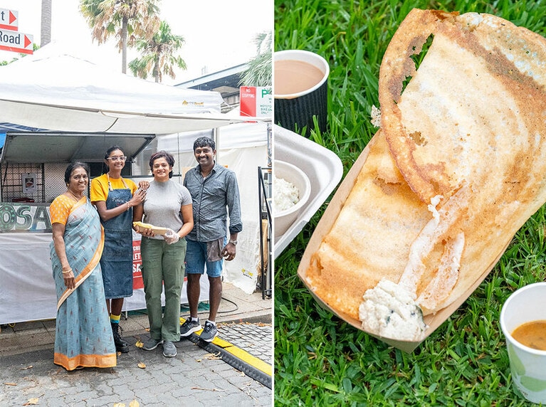 南インド伝統のクレープ料理ドーサの屋台を発見。プラカッシュさん一家の笑顔も素敵。プレーンドーサ $10～。Instagram　@follow_the_cow_sydney