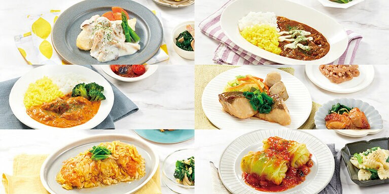 写真左列：「Cheer」セット〈カレイのホワイトソース～三種のきのこを添えて～、スパイシーバターチキンカレー、ひれかつの卵とじ〉。
写真右列：「Thankful」セット〈ビーフカレー、アジのバター醤油ソテー、ロールキャベツ〉。