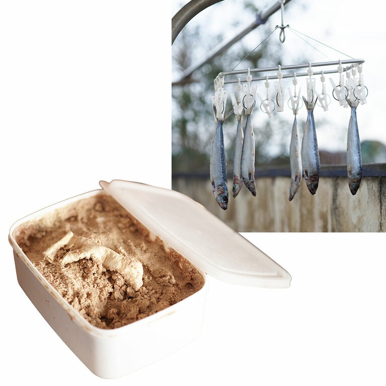 大根の皮を糠漬けにしたりイワシを干したり。