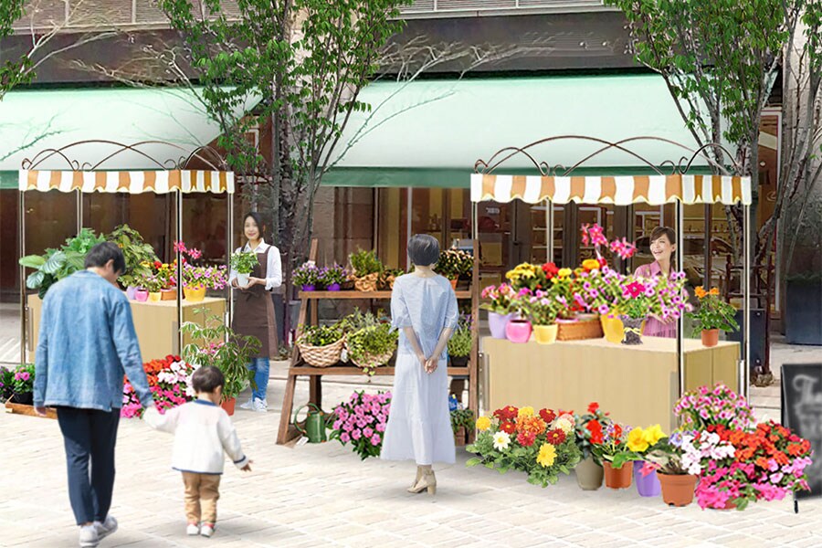 東京ミッドタウン日比谷1階の屋外スペースにて開催予定の花のマルシェ「HIBIYA BLOSSOM MARCHÉ」イメージ。