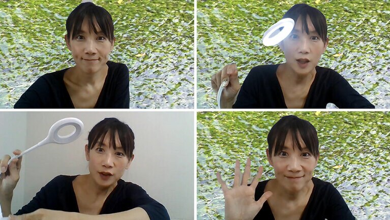 左上は、黒服で髪を無造作に結わえた状態。右上はダイソーのライトをつけるところ。左下はその舞台裏。右下はダイソーのライトをつけて背景を足した状態です。我ながら、凄い顔ですが……。