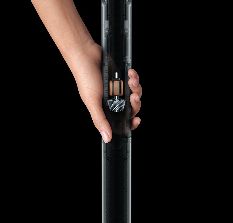 細い本体内に内蔵されている直径28mmの極小サイズでありながらパワフルな吸引力を生み出す高速モーター「Dyson Hyperdymium140k モーター」。