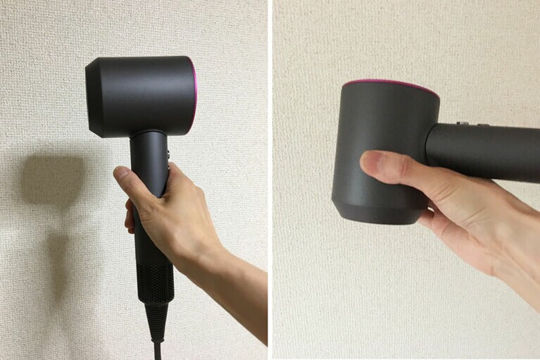 ダイソンは本体が短いのでそのままでも良さそうでしたが、持ち方を変えると下向きの風がより作りやすかったです。
