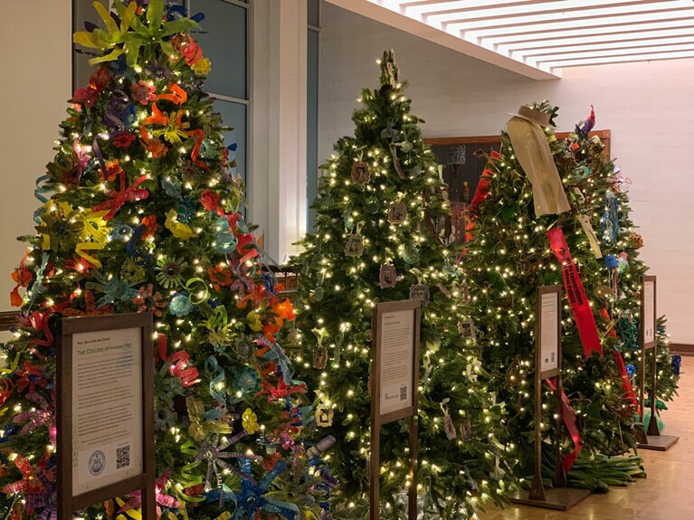 プラスチックや、植物の皮などのリサイクルアイテムを使用しているのに、子供達の想像力でとてもカラフルでハッピーなツリーたち。