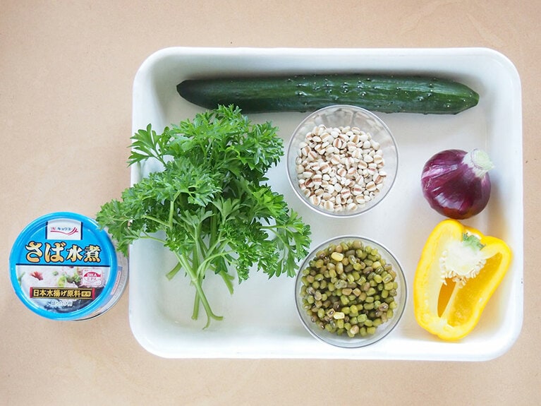 材料（4人前）茹でた緑豆：50g／ハトムギ：大さじ2／きゅうり：1本／黄パプリカ：1/2個／紫玉ねぎ：50g／鯖の水煮缶：1缶／パセリ：3枝／塩胡椒：少々／レモン汁：小さじ1／オリーブオイル：小さじ1。