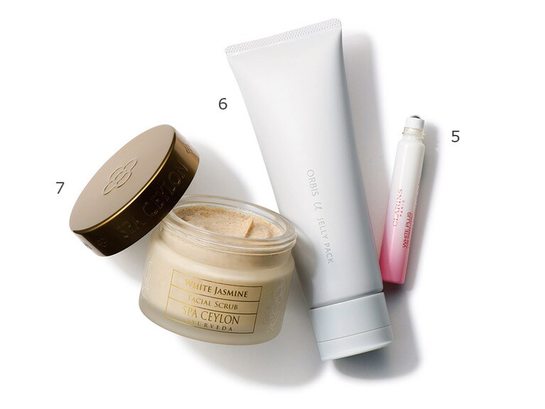 5. ホワイト-プラス ブライト ロールオン［医薬部外品］7mL 4,600円／クラランス。6. オルビスユー ジュレパック 120g 1,800円／オルビス。7. スパセイロン ホワイト ジャスミン フェイシャル スクラブ 100g 6,000円／バンセイアーユルヴェーダ(4/3発売)