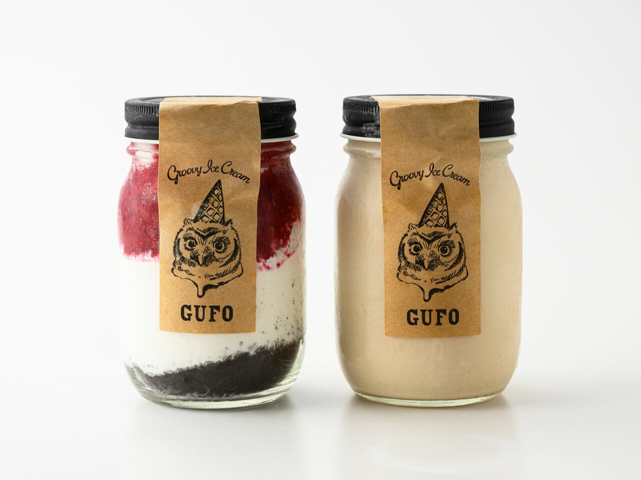 ボトルアイスクリーム(各400ml)。左から:ラズベリーミルク1,020円、ヘーゼルナッツ1,200円/Groovy Ice Cream GUFO 初出:2024年8月1日