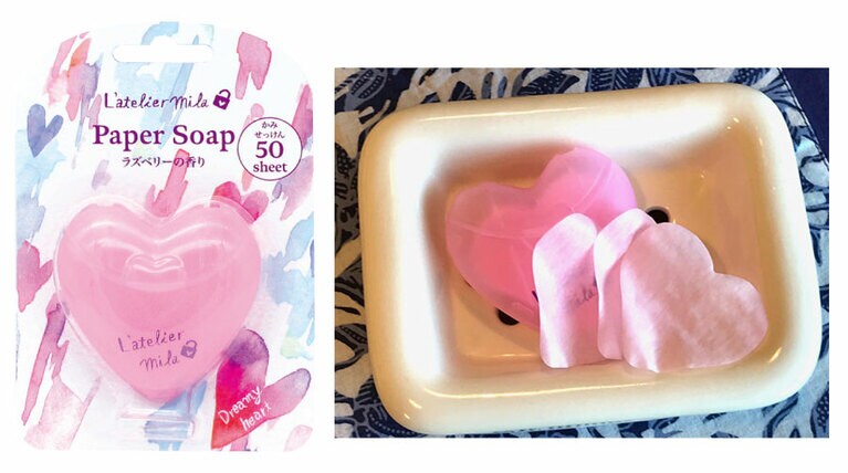 【ラトリエ・ミラ ペーパーソープ】こちらは甘酸っぱいラズベリーの香り。大人は懐かしい記憶がよぎるかも。ラトリエ・ミラ ペーパーソープ ラズベリー 50枚入り 350円／チャーリー