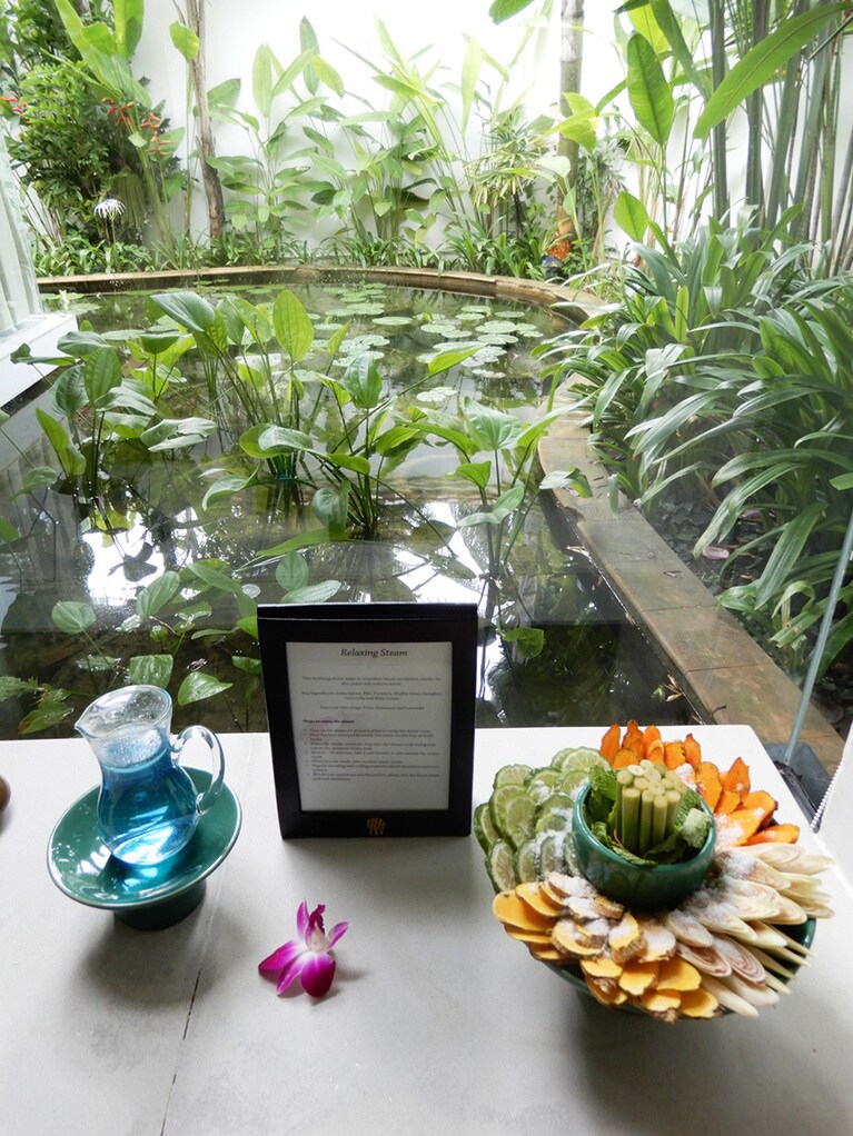 スチームルームからもこの眺め。ハーブにミントウォーターをかけて爽やかな香りを楽しむ。