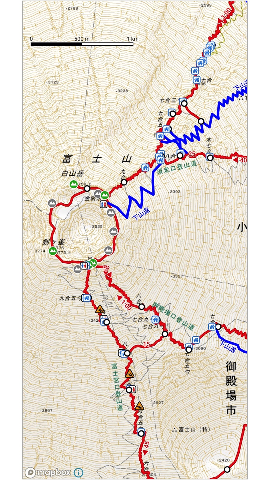 富士山の登山道・下山道を表示。画像：ヤマップ